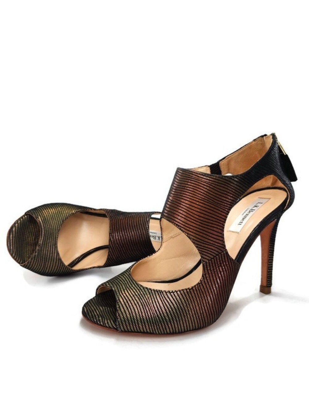 L.K. Bennett Alma Black Suede Metallic Bronze Gold Ombre Peep-Toe High Heels